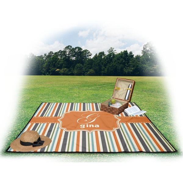 Orange & Blue Stripes Picnic Blanket - with Basket Hat and Book - in Use