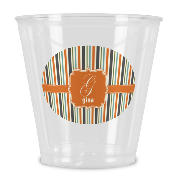 Custom Orange & Blue Stripes Plastic Shot Glass (Personalized)