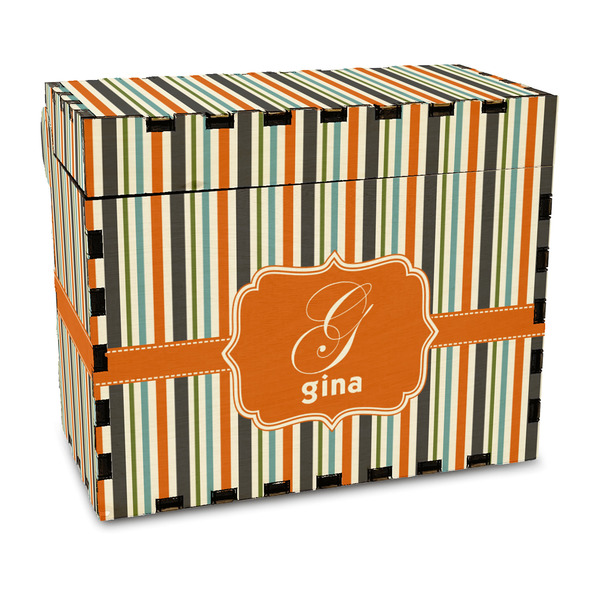 Custom Orange & Blue Stripes Wood Recipe Box - Full Color Print (Personalized)