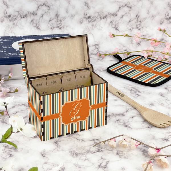 Orange & Blue Stripes Recipe Box - Full Color - In Context