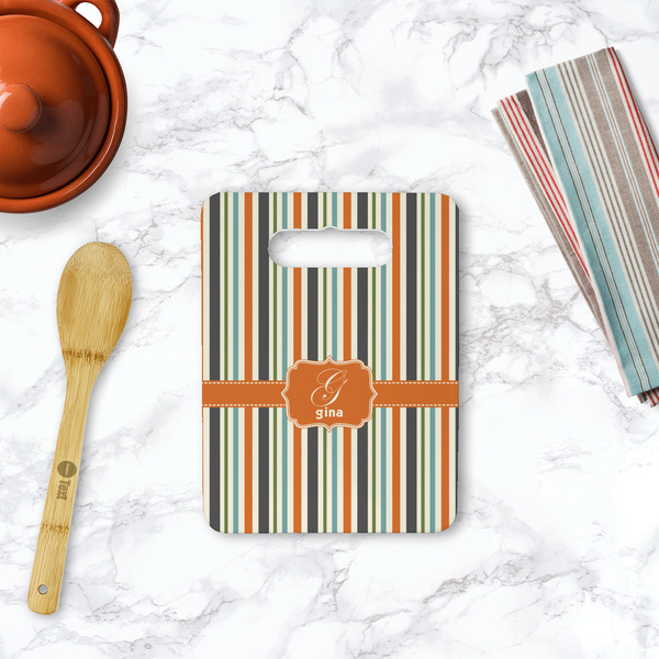 Orange & Blue Stripes Rectangle Trivet with Handle - LIFESTYLE
