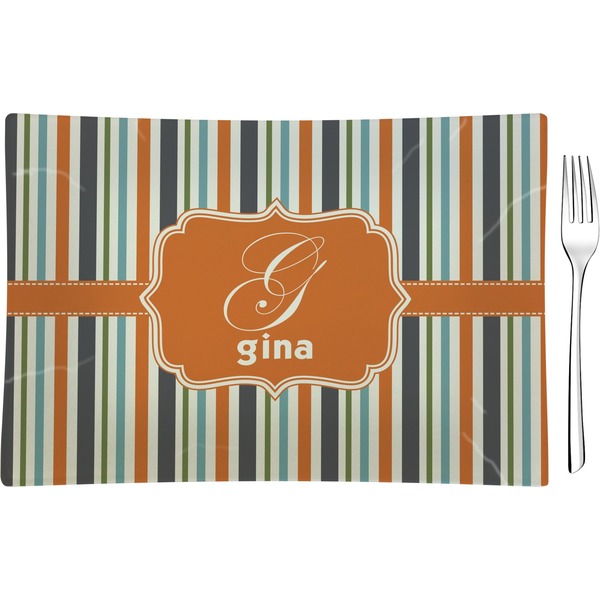 Custom Orange & Blue Stripes Rectangular Glass Appetizer / Dessert Plate - Single or Set (Personalized)