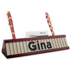 Orange & Blue Stripes Red Mahogany Nameplate with Business Card Holder (Personalized)