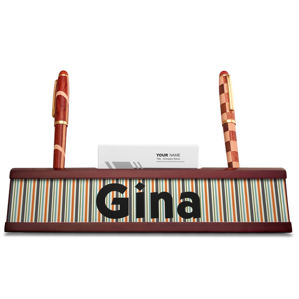 Orange & Blue Stripes Red Mahogany Nameplates with Business Card Holder - Straight