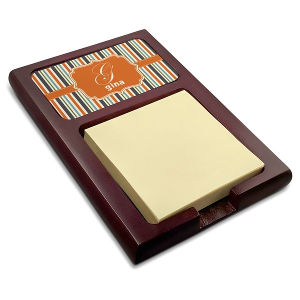 Custom Orange & Blue Stripes Red Mahogany Sticky Note Holder (Personalized)