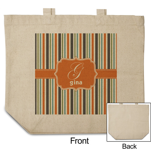 Orange & Blue Stripes Reusable Cotton Grocery Bag - Front & Back View