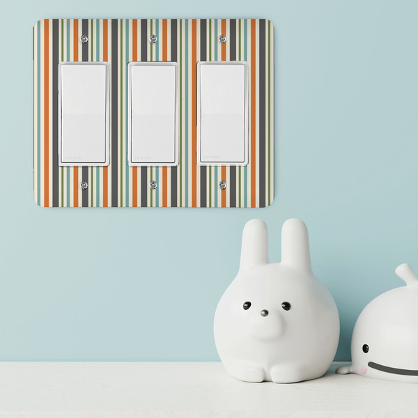 Orange & Blue Stripes Rocker Light Switch Covers - Triple - IN CONTEXT