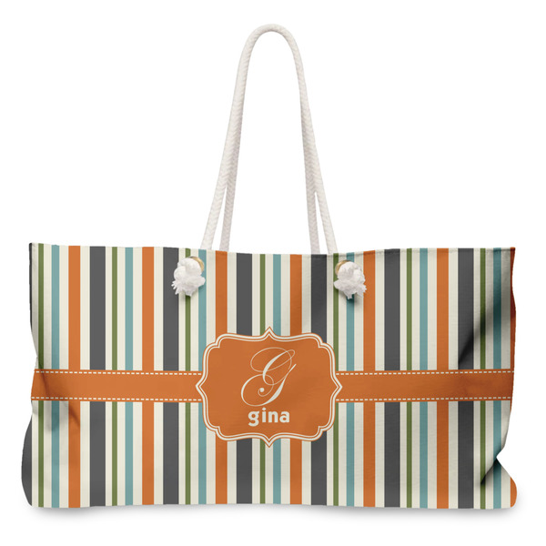 Custom Orange & Blue Stripes Large Tote Bag with Rope Handles (Personalized)