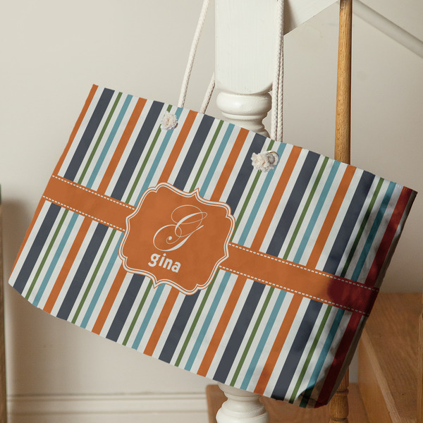 Orange & Blue Stripes Large Rope Tote - Life Style