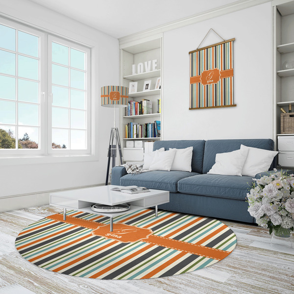 Orange & Blue Stripes Round Area Rug - IN CONTEXT