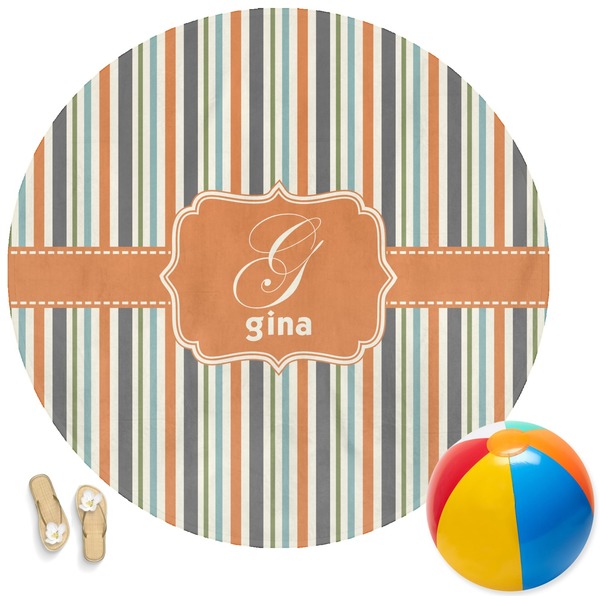 Custom Orange & Blue Stripes Round Beach Towel (Personalized)