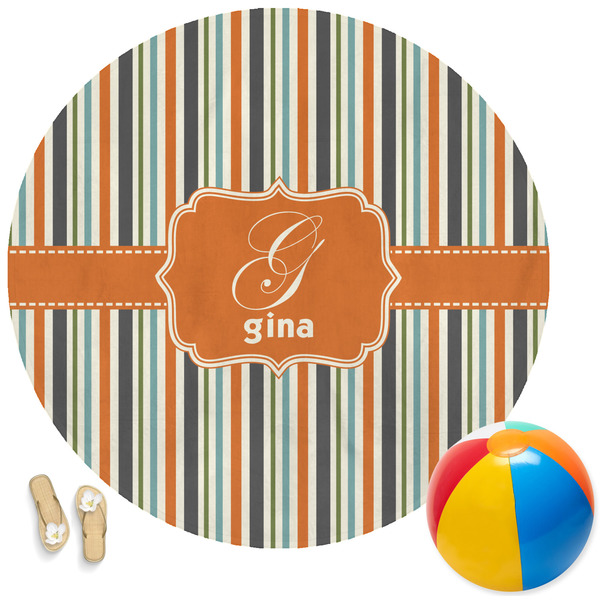 Custom Orange & Blue Stripes Round Beach Towel (Personalized)