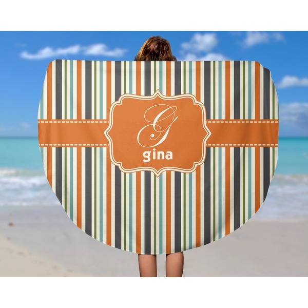 Orange & Blue Stripes Round Beach Towel - In Use