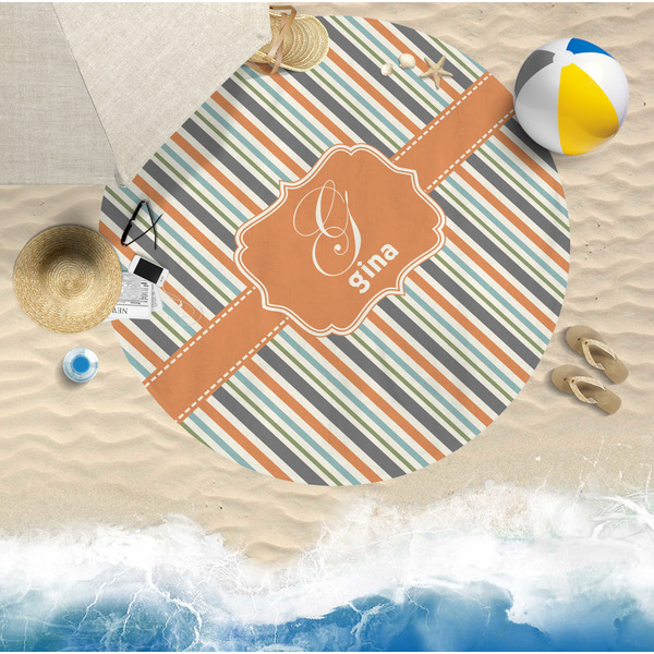 Orange & Blue Stripes Round Beach Towel Lifestyle