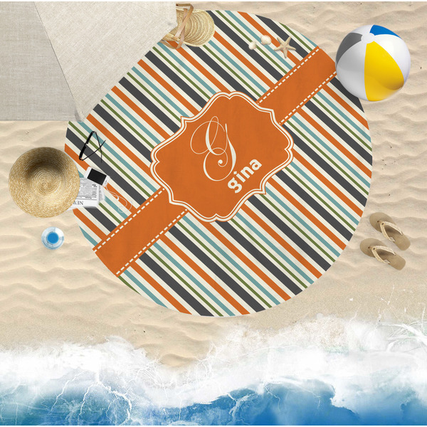 Orange & Blue Stripes Round Beach Towel Lifestyle
