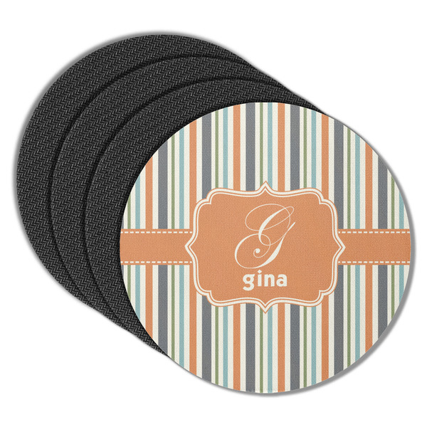 Custom Orange & Blue Stripes Round Rubber Backed Coasters - Set of 4 (Personalized)