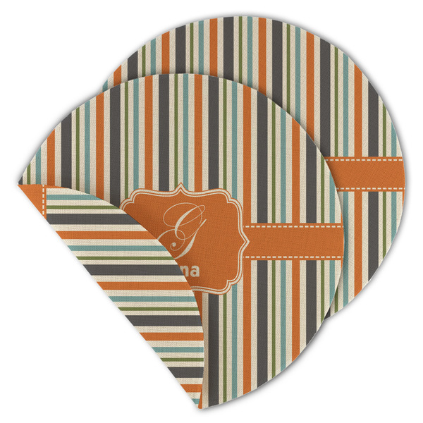 Custom Orange & Blue Stripes Round Linen Placemat - Double Sided (Personalized)