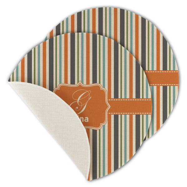 Custom Orange & Blue Stripes Round Linen Placemat - Single Sided - Set of 4 (Personalized)