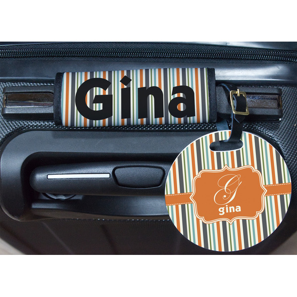 Orange & Blue Stripes Round Luggage Tag & Handle Wrap - In Context