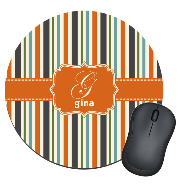 Custom Orange & Blue Stripes Round Mouse Pad (Personalized)