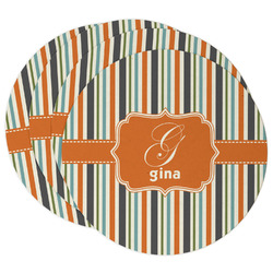 Orange & Blue Stripes Round Paper Coasters w/ Name and Initial