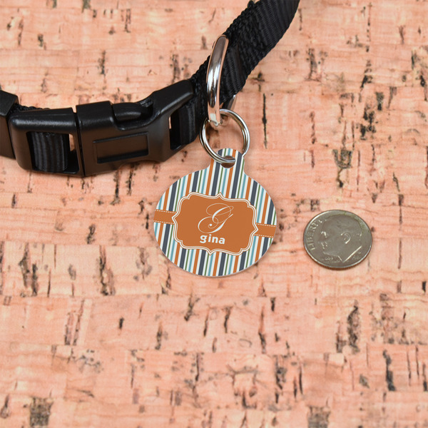 Orange & Blue Stripes Round Pet ID Tag - Small - In Context