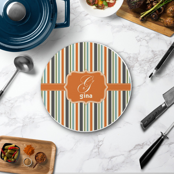 Orange & Blue Stripes Round Stone Trivet - In Context View