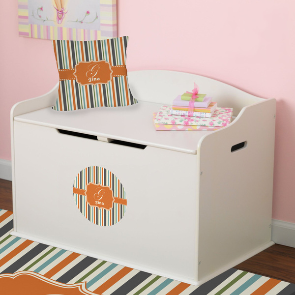 Orange & Blue Stripes Round Wall Decal on Toy Chest
