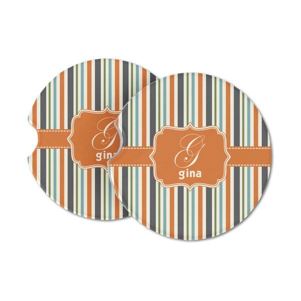 Custom Orange & Blue Stripes Sandstone Car Coasters - Set of 2 (Personalized)