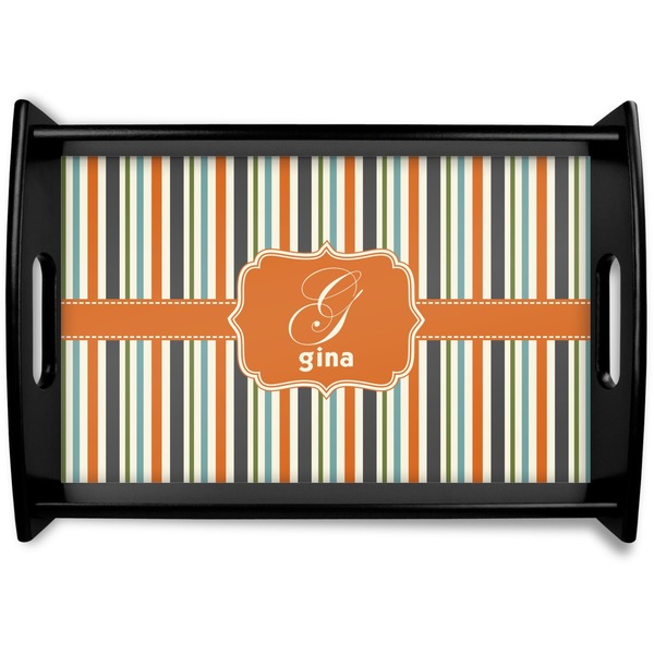 Custom Orange & Blue Stripes Black Wooden Tray - Small (Personalized)