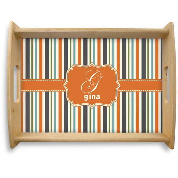 Custom Orange & Blue Stripes Natural Wooden Tray - Large (Personalized)