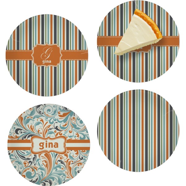 Custom Orange & Blue Stripes Set of 4 Glass Appetizer / Dessert Plate 8" (Personalized)