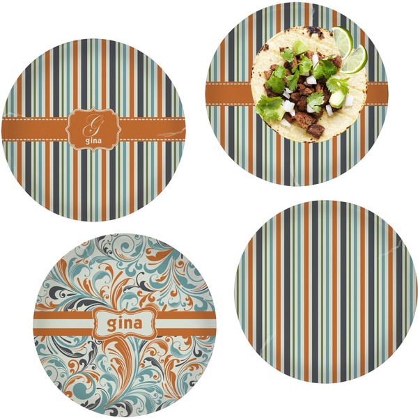 Custom Orange & Blue Stripes Set of 4 Glass Lunch / Dinner Plate 10" (Personalized)