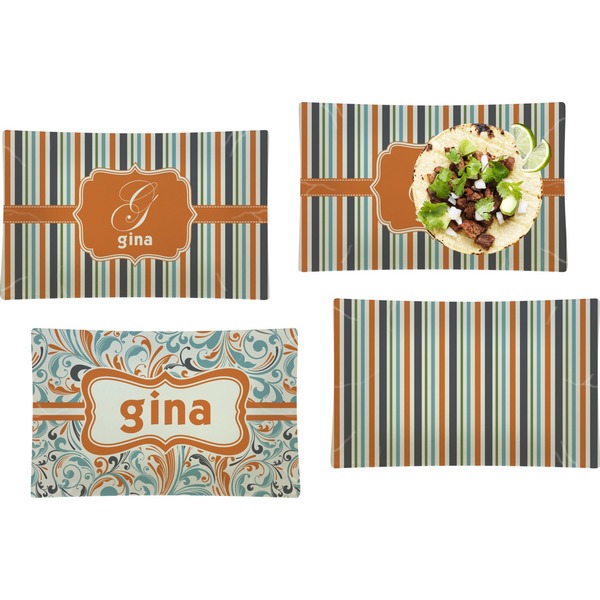Custom Orange & Blue Stripes Set of 4 Glass Rectangular Lunch / Dinner Plate (Personalized)