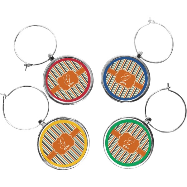 Custom Orange & Blue Stripes Wine Charms (Set of 4) (Personalized)