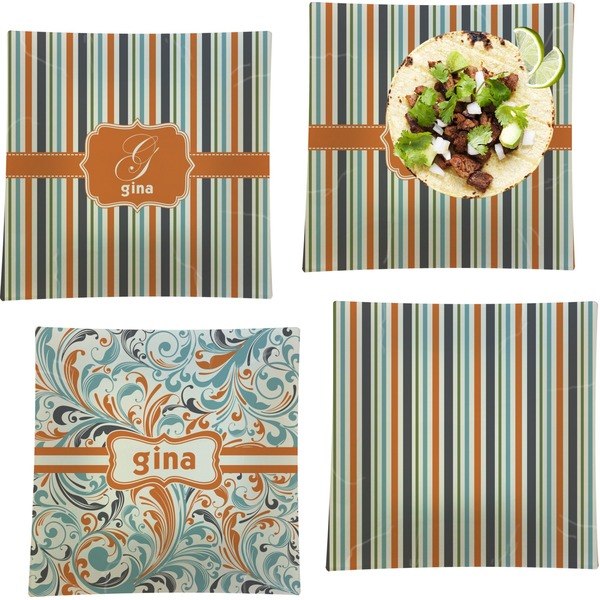 Custom Orange & Blue Stripes Set of 4 Glass Square Lunch / Dinner Plate 9.5" (Personalized)