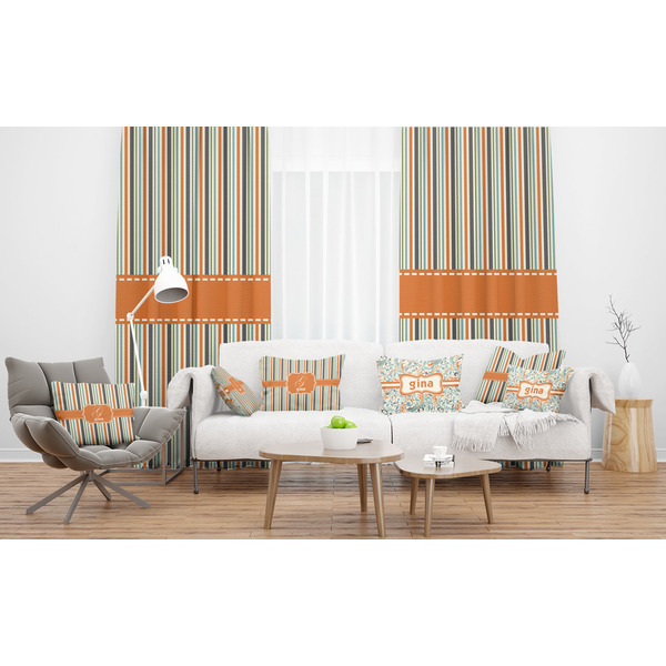 Orange & Blue Stripes Sheer and Custom Curtains in Room with Matching Pillows