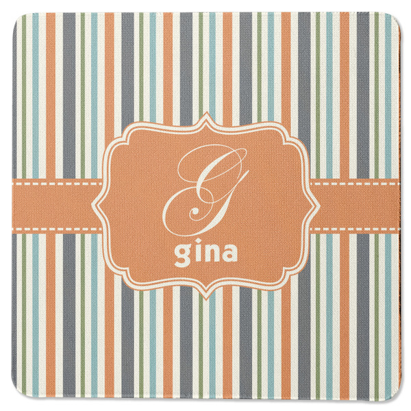 Custom Orange & Blue Stripes Square Rubber Backed Coaster (Personalized)