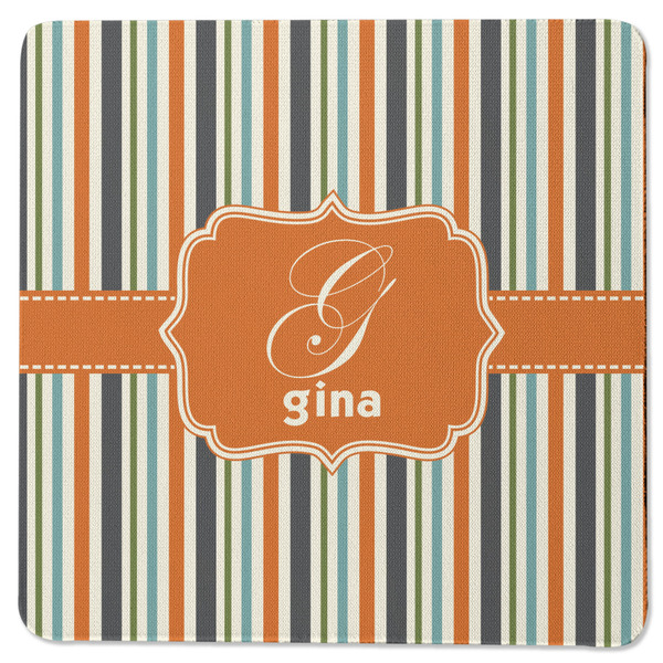 Custom Orange & Blue Stripes Square Rubber Backed Coaster (Personalized)