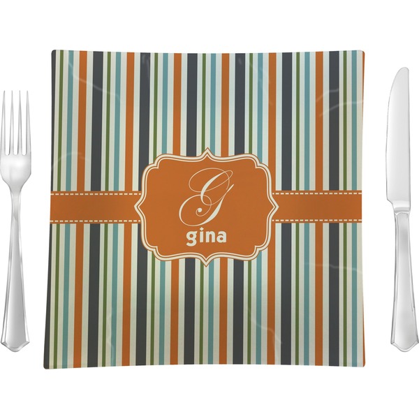 Custom Orange & Blue Stripes Glass Square Lunch / Dinner Plate 9.5" (Personalized)