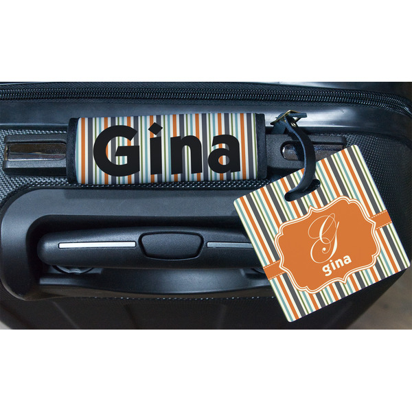 Orange & Blue Stripes Square Luggage Tag & Handle Wrap - In Context