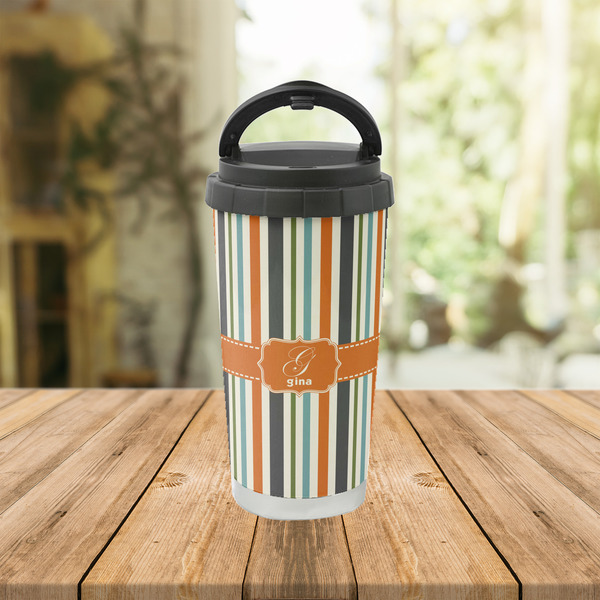 Orange & Blue Stripes Stainless Steel Travel Cup Lifestyle