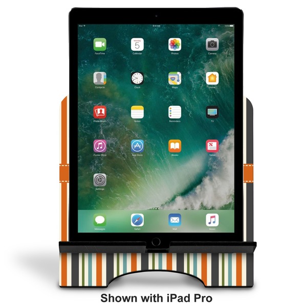 Orange & Blue Stripes Stylized Tablet Stand - Front with ipad