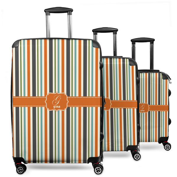 Custom Orange & Blue Stripes 3 Piece Luggage Set - 20" Carry On, 24" Medium Checked, 28" Large Checked (Personalized)
