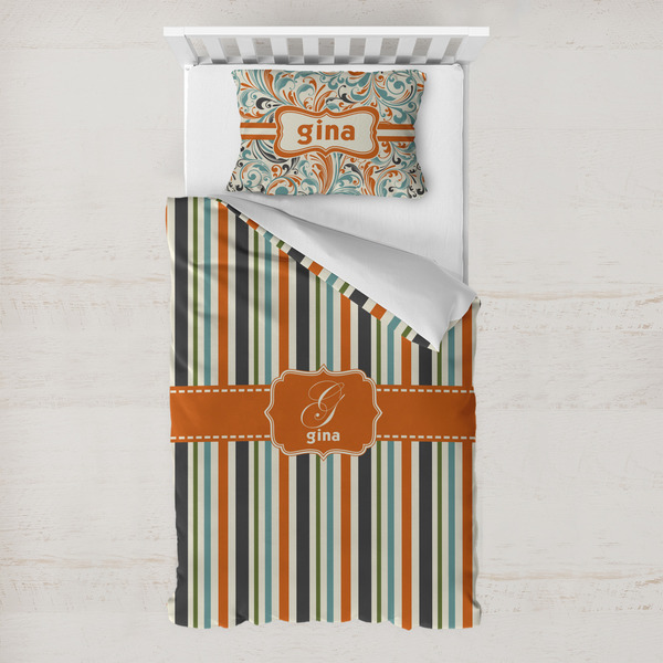 Custom Orange & Blue Stripes Toddler Bedding w/ Name and Initial