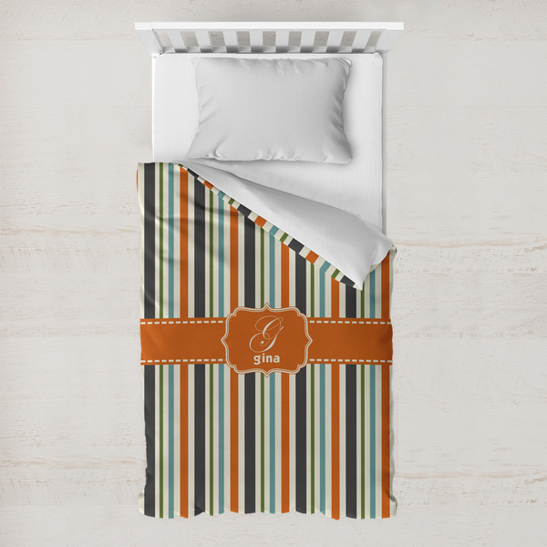 Custom Orange & Blue Stripes Toddler Duvet Cover w/ Name and Initial