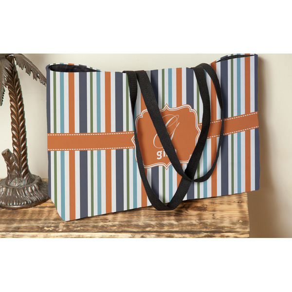 Orange & Blue Stripes Tote w/Black Handles - Lifestyle View