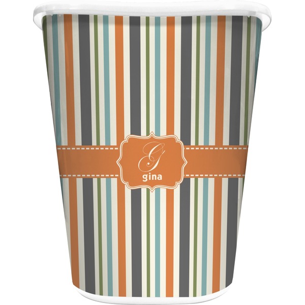 Custom Orange & Blue Stripes Waste Basket - Double Sided (White) (Personalized)