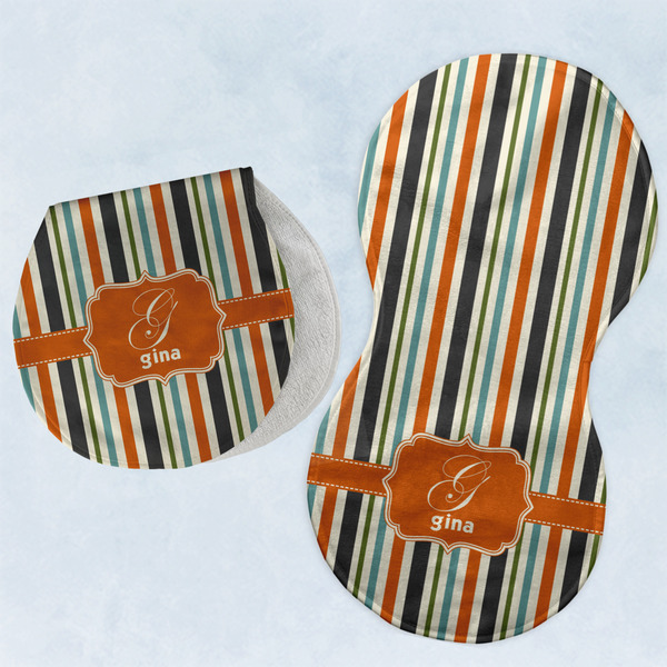 Custom Orange & Blue Stripes Burp Pads - Velour - Set of 2 w/ Name and Initial