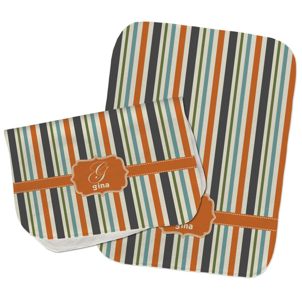 Custom Orange & Blue Stripes Burp Cloths - Fleece - Set of 2 w/ Name and Initial